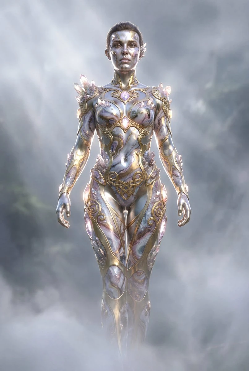 金属幻女神像,雾中圣洁威严立