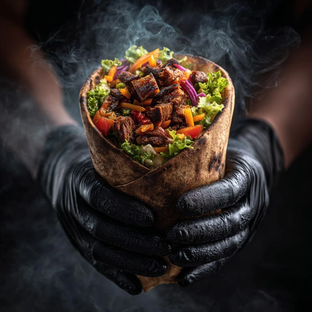 美食摄影:烟雾缭绕的烤肉卷与中东风味拼盘