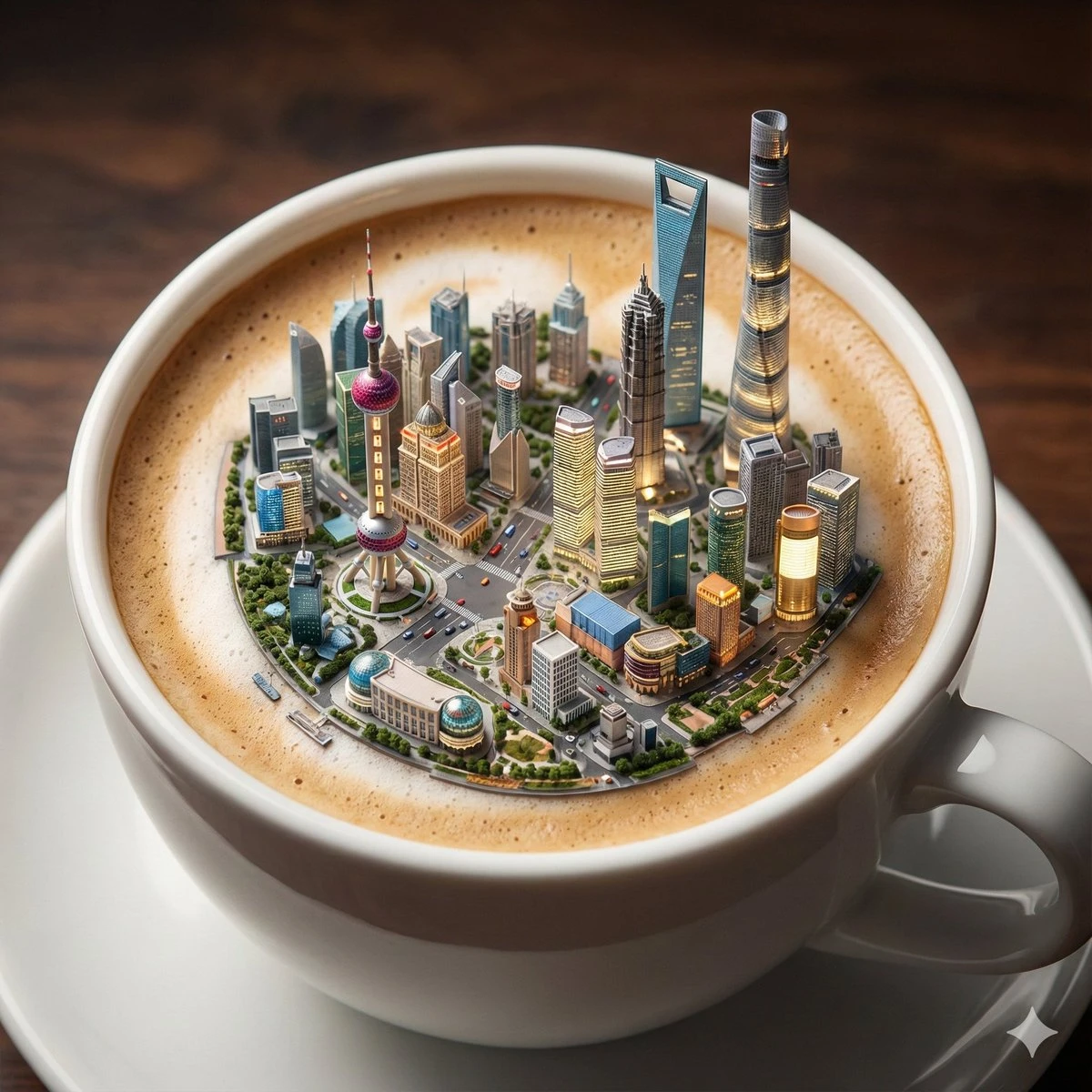 咖啡杯中的微缩城市奇景