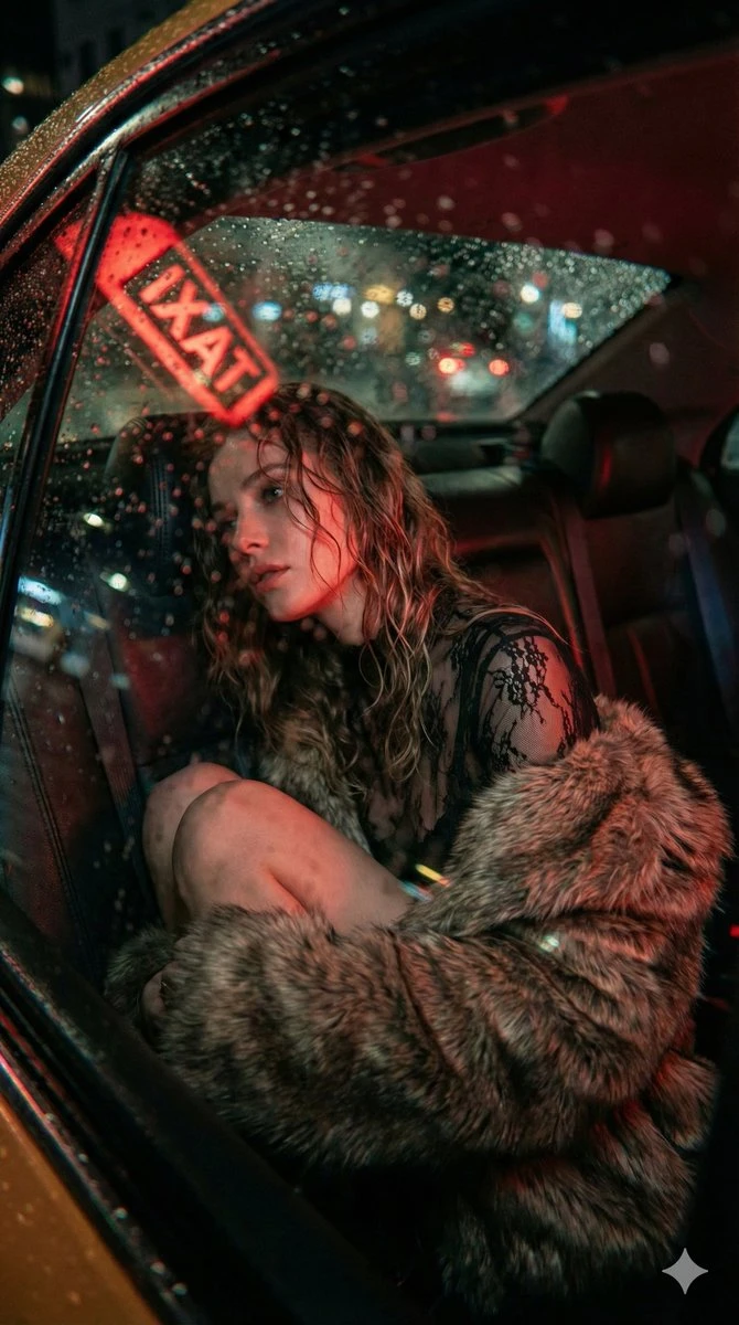 雨夜出租车内神秘女子的电影感写真
