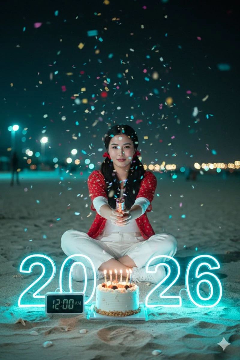 海滩夜景新年生日庆祝,少女手持彩炮,蛋糕与霓虹数字“2026