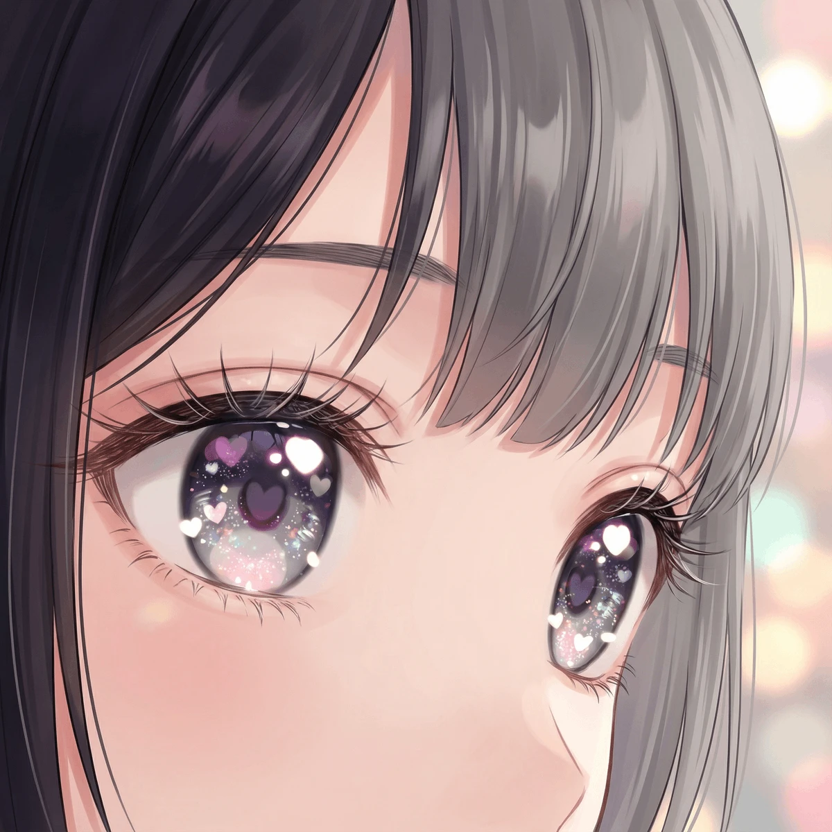 萌系少女眼眸特写,双色刘海,心形光斑虹膜,梦幻柔焦背景