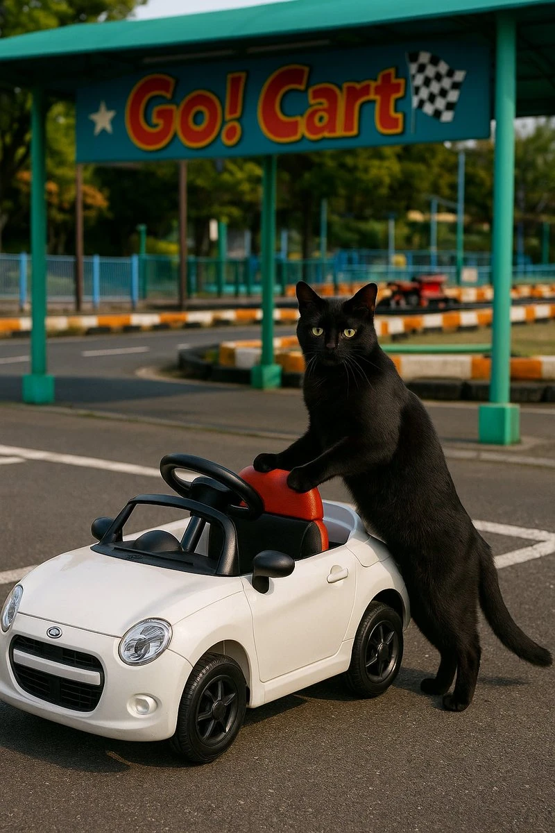 黑猫驾驶白色玩具车