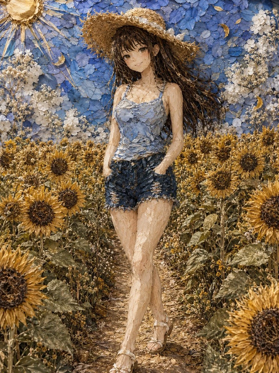 干花拼贴艺术少女向日葵花园全身像