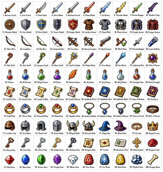 100种复古RPG像素物品图标