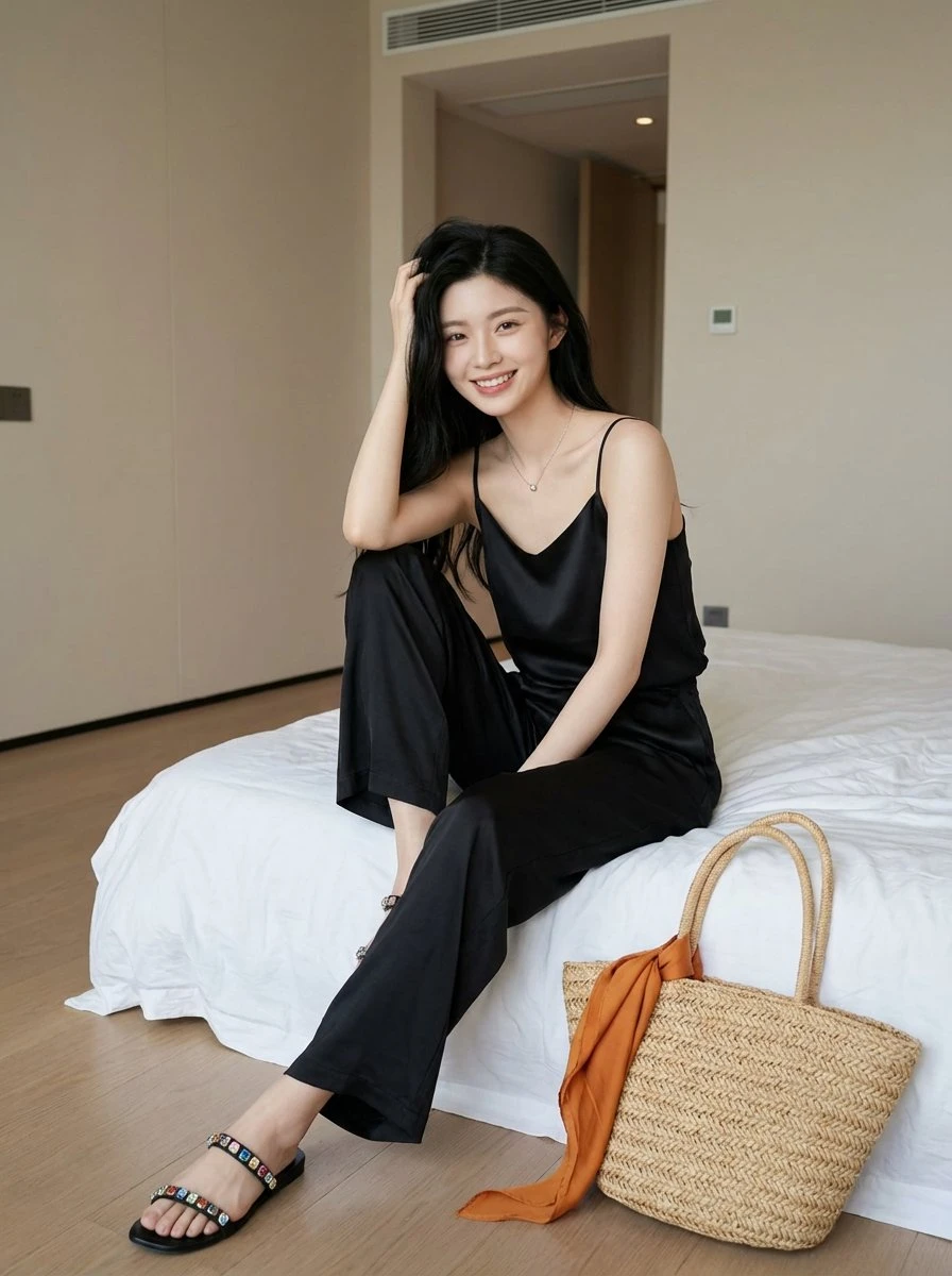 优雅女性卧室写真,展现丝滑质感与自然光影