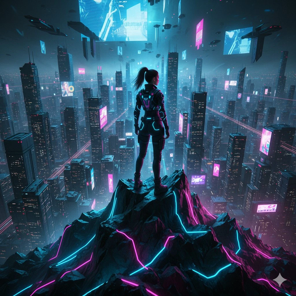 赛博朋克少女俯瞰霓虹都市