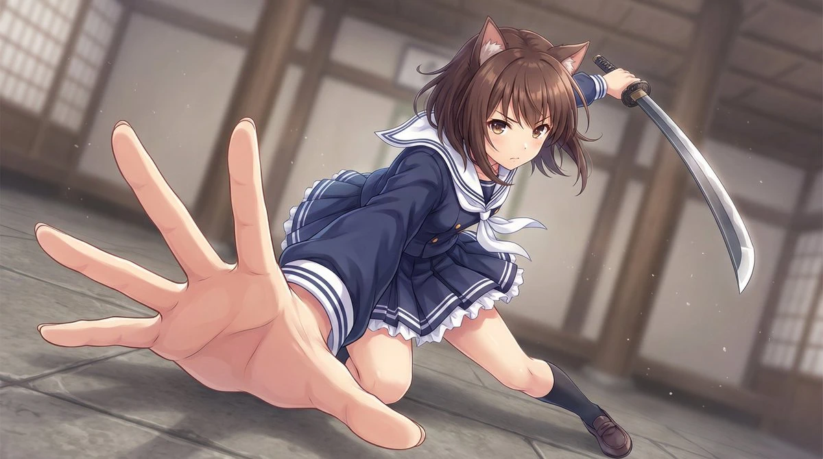 猫耳少女剑术动态特写