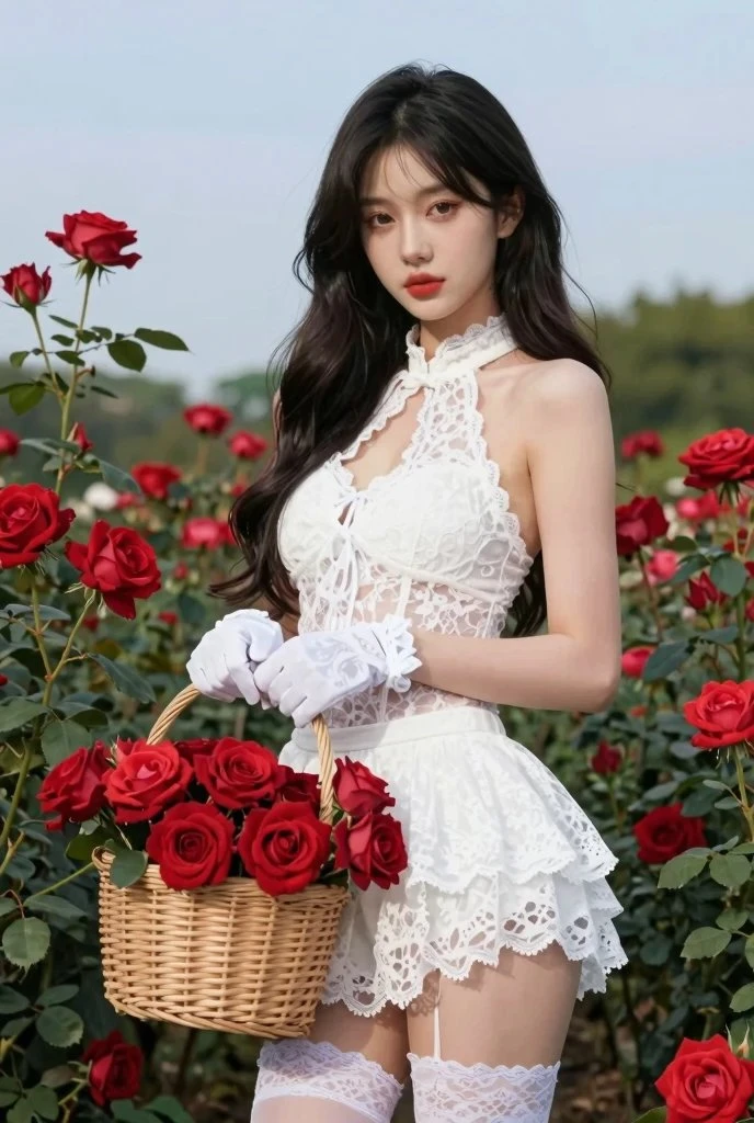 玫瑰园中白蕾丝少女持篮换姿写真
